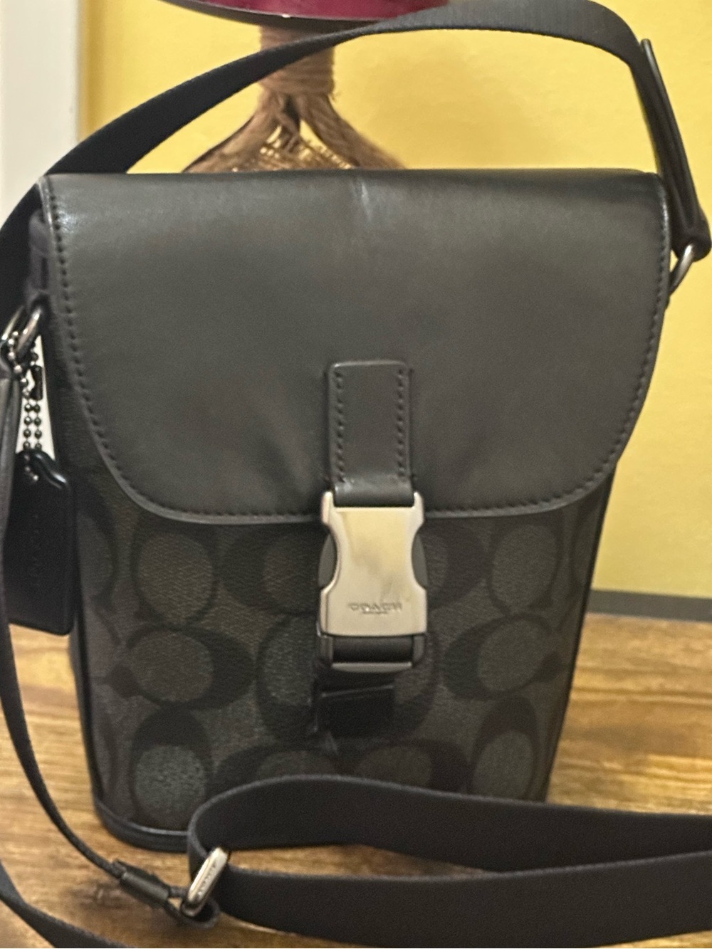 Coach Black Signature Canvas Messenger Bag with Leather Flap